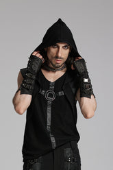 Black V Collar Sleeveless Hooded Mesh Eyelets Men's Punk Vest